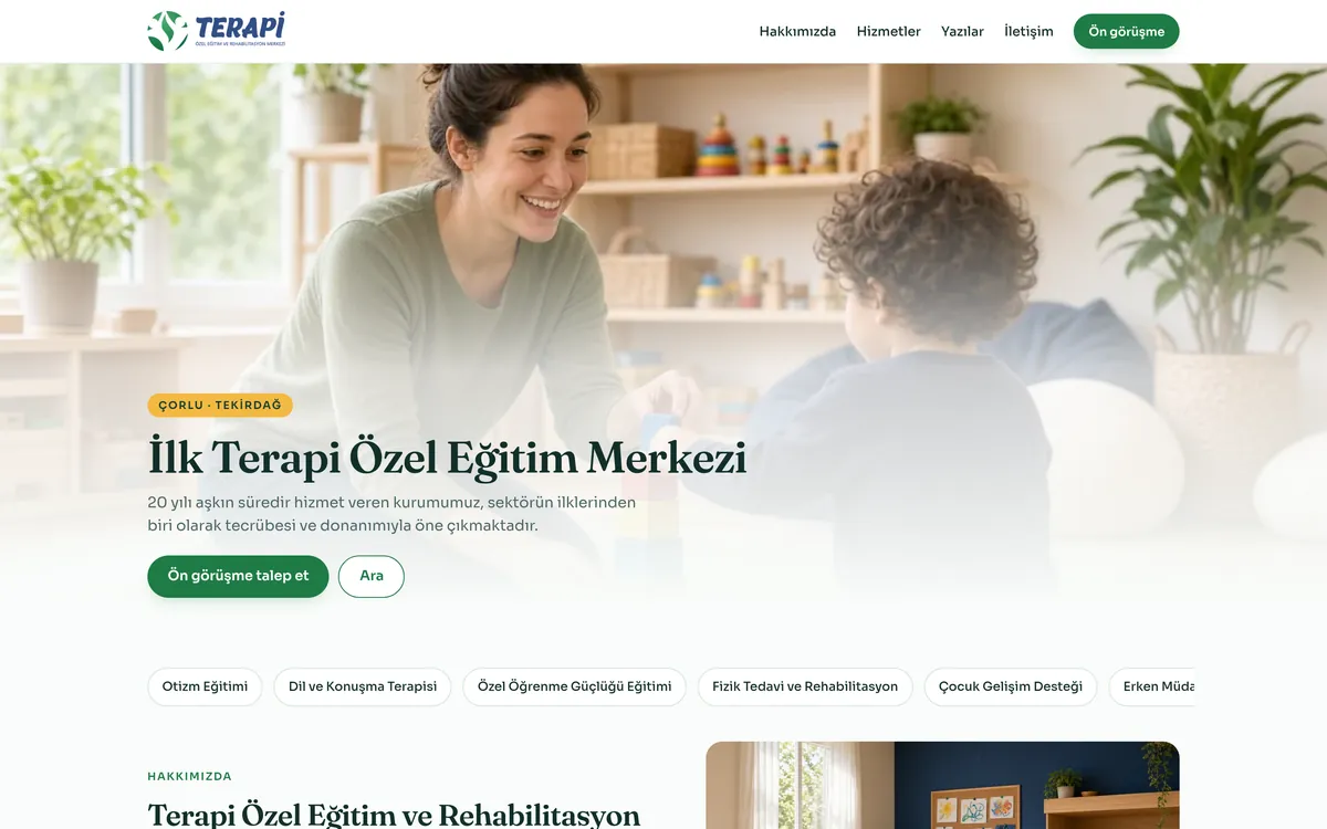 İlk Terapi Özel Eğitim Merkezi web sitesi ana sayfası, masaüstü görünüm