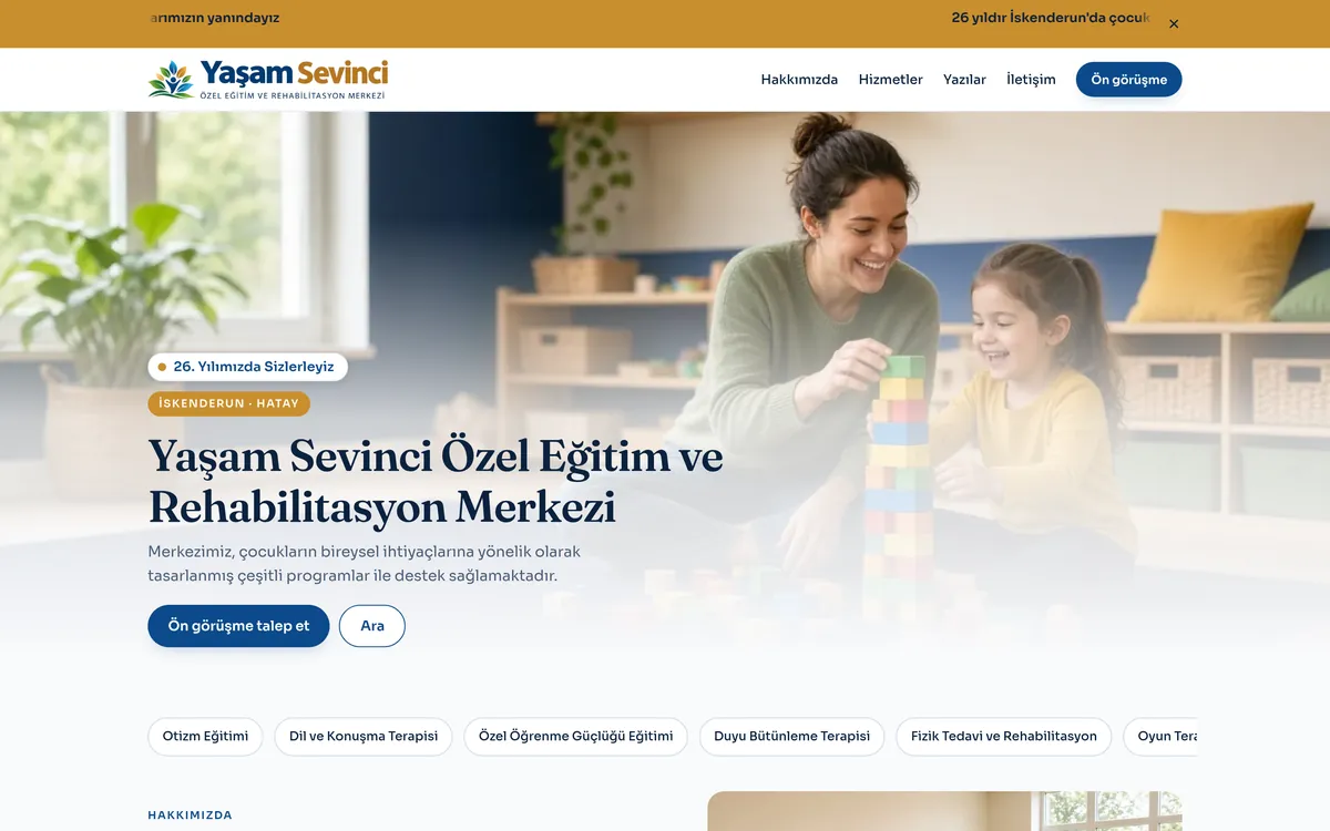 Yaşam Sevinci Özel Eğitim ve Rehabilitasyon Merkezi web sitesi ana sayfası, masaüstü görünüm