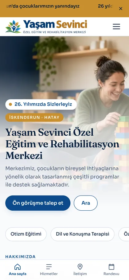 Yaşam Sevinci Özel Eğitim ve Rehabilitasyon Merkezi web sitesi, mobil görünüm